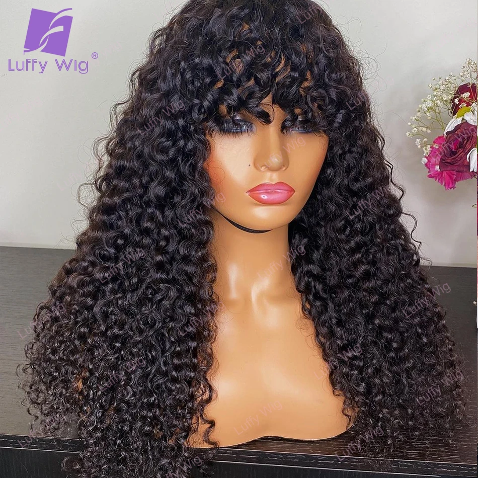 Kinky Curly Wig With Bangs Brazilian Remy Human Hair Machine O Scalp Top Wigs Glueless 200 Density For Black Women Luffywig