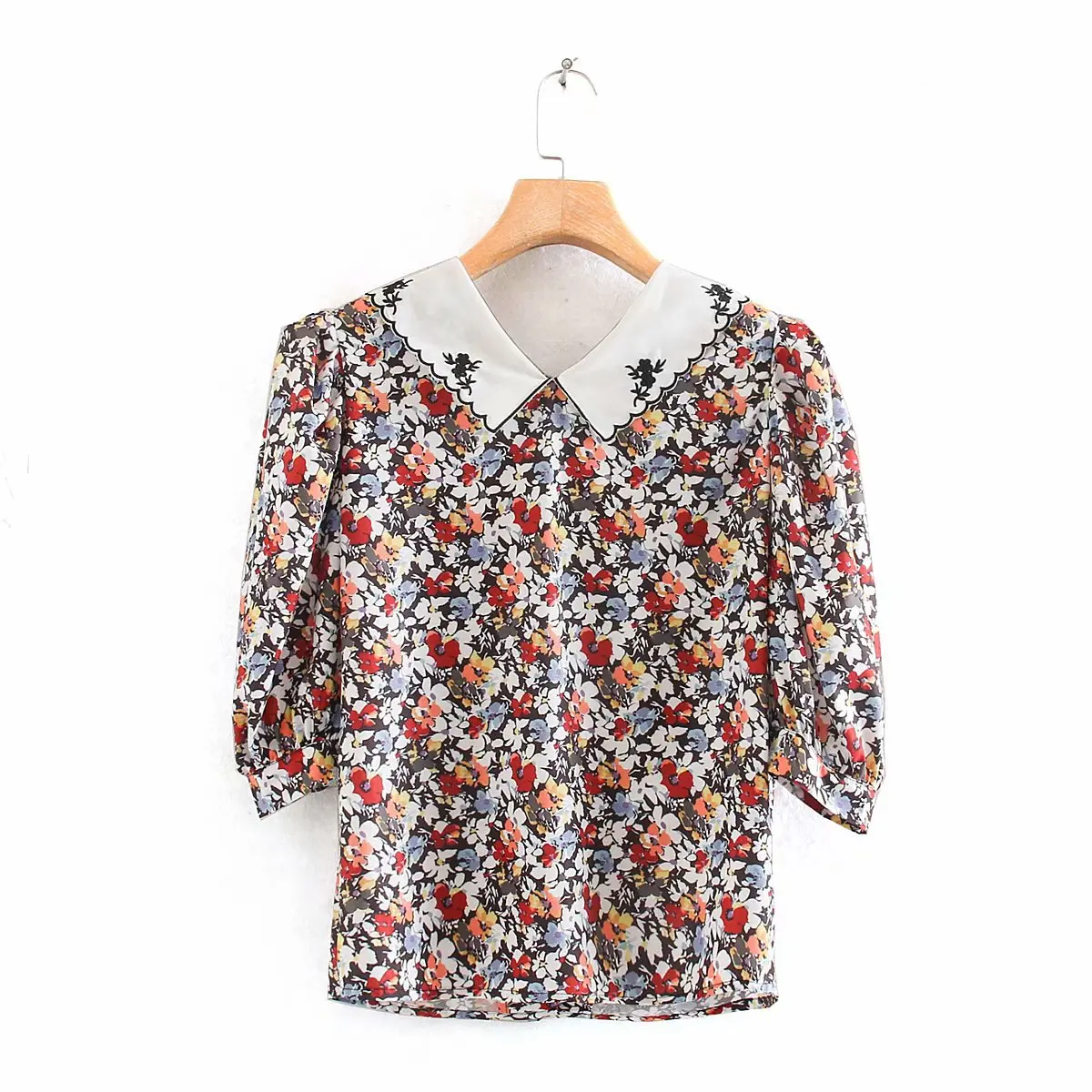 

Summer new style European and American style French retro floral doll collar short sleeve all-match shirt