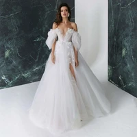 elegant white wedding dresses high side split v neck off the shoulder lace appliques backless court train a line bridal gowns