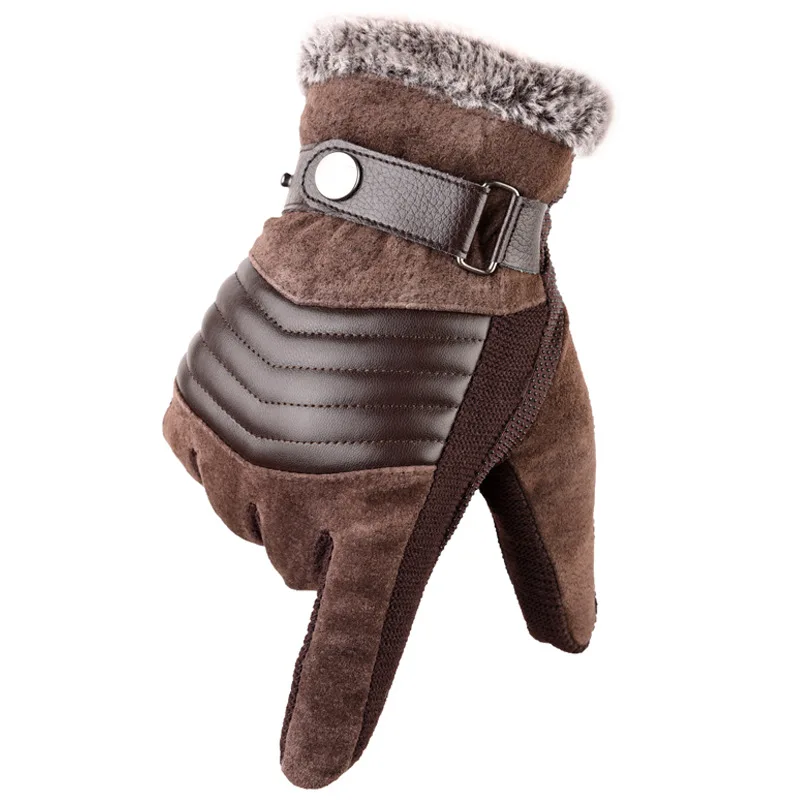 

Brown Mens Leather Gloves Real Pigskin Russia Winter Gloves Warm Thick Driving Skiing Men's Gloves