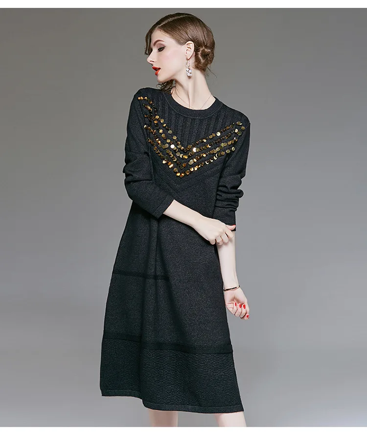 VERDEJULIAY Runway Women Knitted Dress Luxury Autumn Winter High Quality Full Sleeve Sequined Loose Long Dress Vestidos