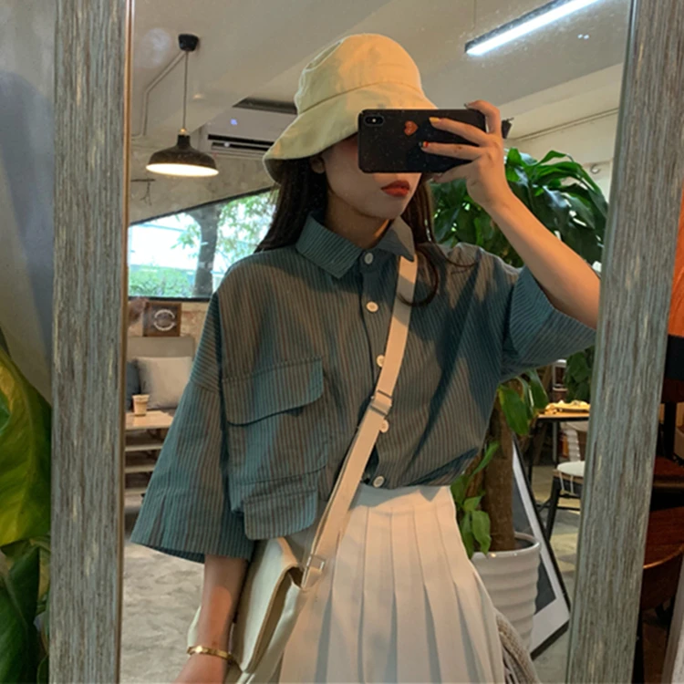 

Striped Women's Design Sense Niche Top Summer 2021 New Korean Style Loose All-Match Student Short Sleeve Shirt