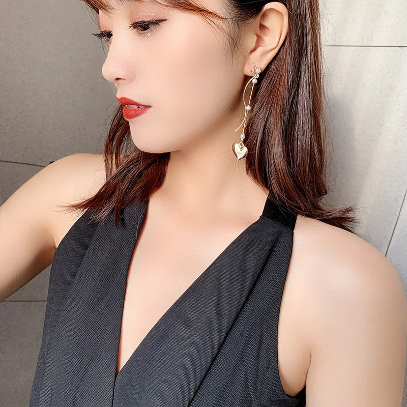 S925 Серебряные иглы любовь жемчужный асимметричные серьги женские Корея новый