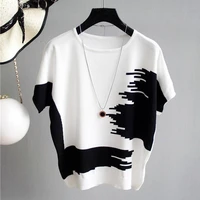 women sweater pullover thin rib knitted cotton tops patchwork o neck essential jumper short sleeve sweaters summer 2021