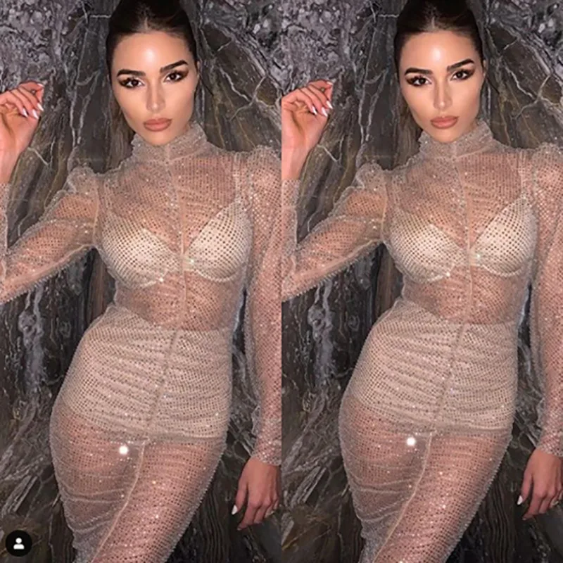 2020 Newest Hot Elegant Women Turtleneck Mesh Long Sleeve Glitter Dress Party Clubwear Laides Summer Beach Bikini Cover Up | Женская