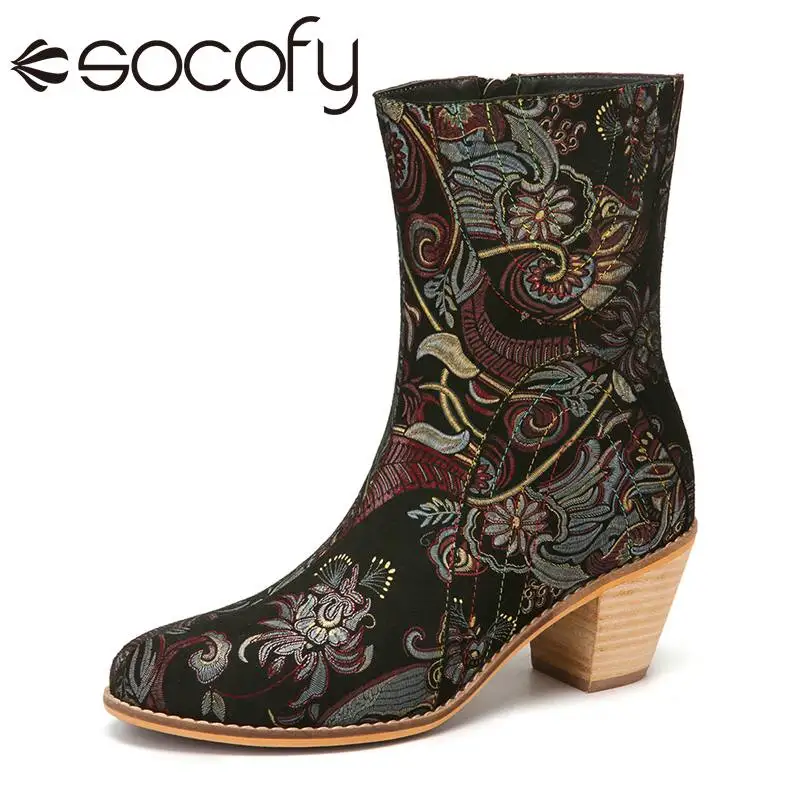

SOCOFY Ladies Boots Elegant Retro Prosperous Flowers Leather Wearable Side Zipper Chunky Heel Short Boots Fashion Warm Winter