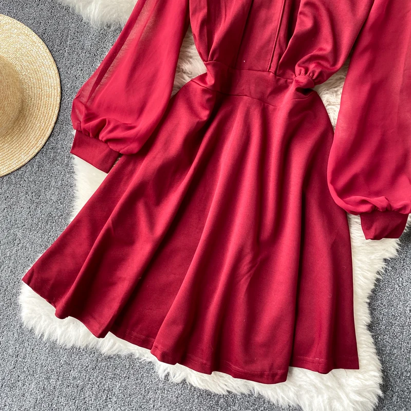 

Spring Autumn Chic Streetwear Short Dress Women Design Hollow Dress Korean Puff Sleeve O Neck Elegant Solid A-line Dresses