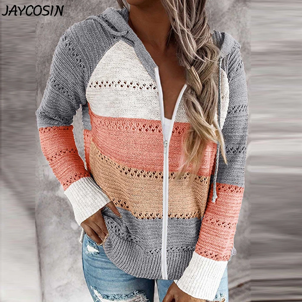 JAYCOSIN Women Lazy Stripe Patchwork Long Sleeve Simple Wild Knitted Hooded Sweater Cardigan Zipper Casual Loose Tops Sweaters |