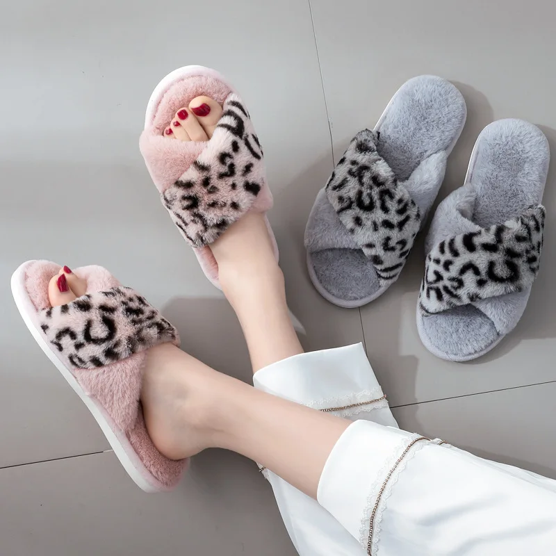 New Home Leopard Print Cross Hair Slippers Women European and American Ins Wind Breathable Plush Floor Cotton Slippers Women