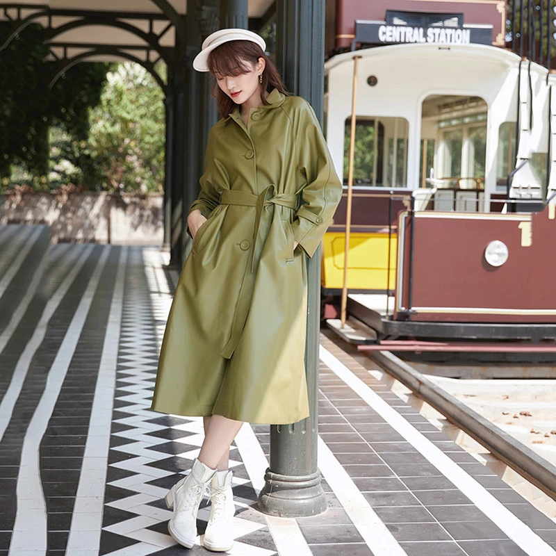 Винтажная длинная верхняя одежда из искусственной кожи 2020 новый весенний пояс