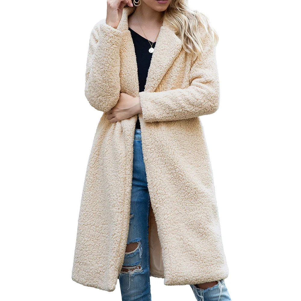 

2021 Women Autumn Winter Mid-Length Jacket Coat Long Sleeve Solid Color Lapel Female Lambswool Outerwear Top Coats Warm Jackets