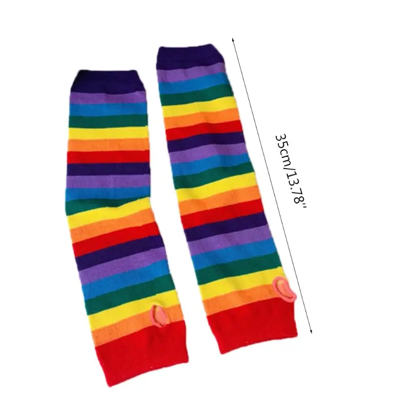 

Women Girl Harajuku Elbow Length Fingerless Arm Sleeve Warmer Rainbow Colored Striped Knitted Sunscreen Halloween Costume Gloves