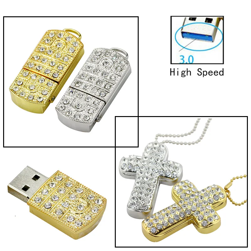 Со стразами и металлическими Цепочки ожерелья крест USB флэш накопитель 8 Гб