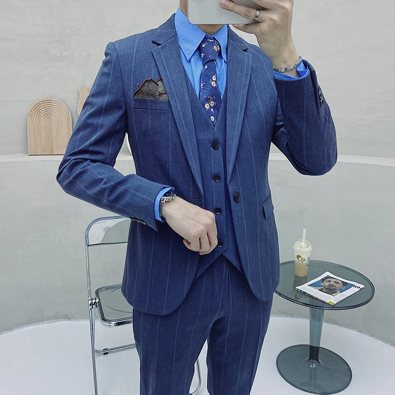 

( Jacket + Vest + Pants )2021 Male Formal Business Stripe Suit for Men's Fashion Boutique Plaid Wedding Dress Suit 3-piece