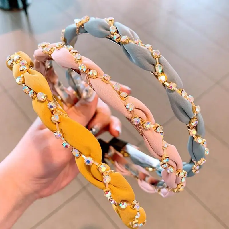 

2021 New Women Diamond Pearl Cross Hair Bands Chiffon For Girls Head Holder Korean Stylish Crystal Headwear R6D4