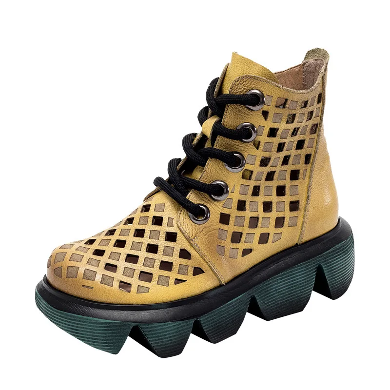 

Johnature Genuine Leather Women Sandals Summer Shoes Lace-Up Retro Wedges Hollow 2021 New Handmade Concise Platform Sandals