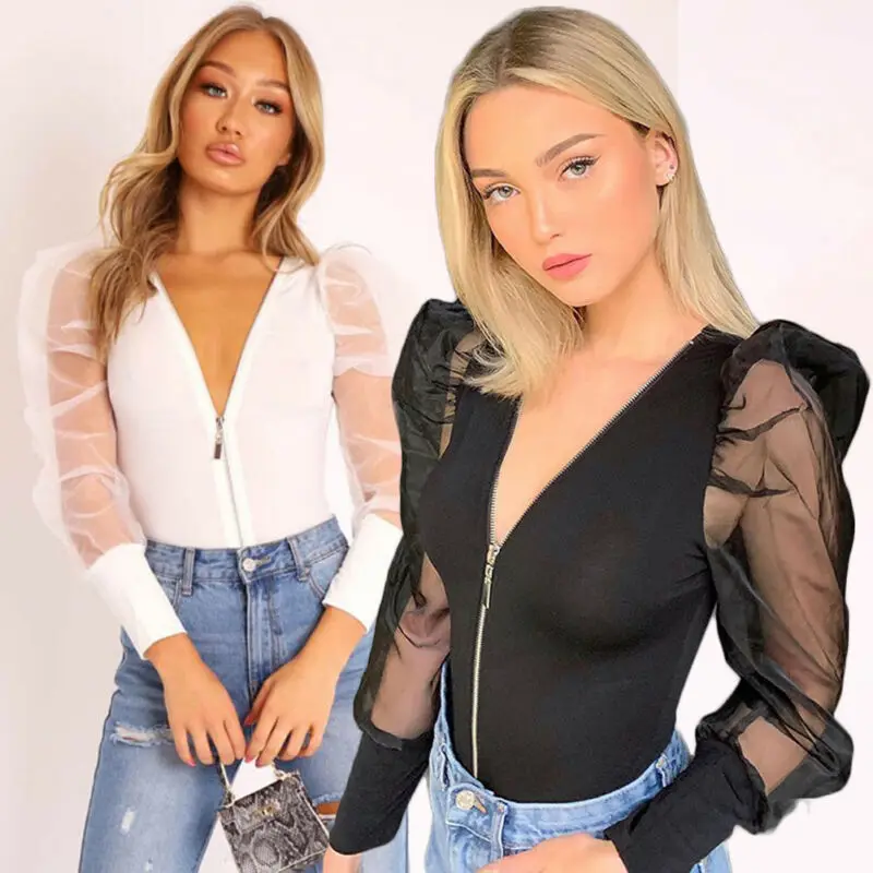 Sexy Puff Sleeve Clubwear Playsuits 2019 Solid Black White Zipper V Neck Leotard Bodycon Rompers Womens Jumpsuit Shorts | Женская одежда