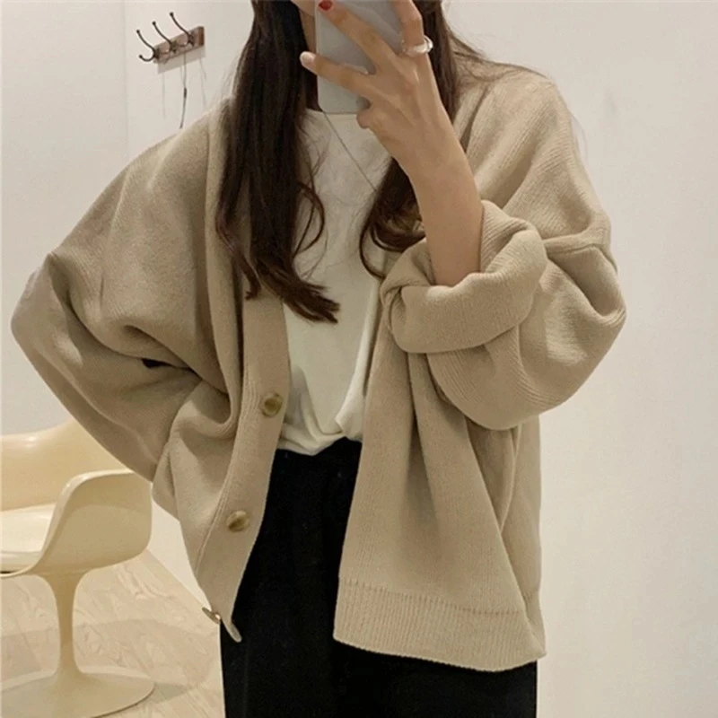 

Knitted Cardigans Women Casual Loose Sweater Autumn Winter V Neck Knitwear Vintage Long Sleeved Cardigan Coat Sueter Mujer