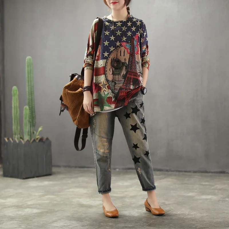 Осенне летний свитер для женщин в стиле ретро свободные пуловеры вязаные топы с