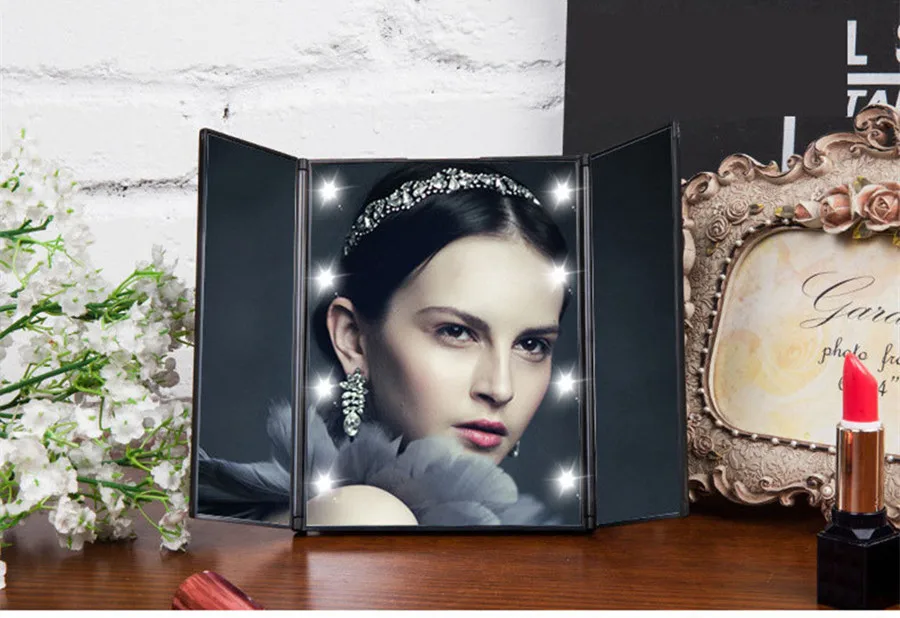 Black planar mirror Светодиодный сенсорный экран косметическое зеркало дамское домашнее настольное трехстороннее складное зеркало с ночным светильник косметическое зеркало высокого разрешения - Цвет: Black planar mirror