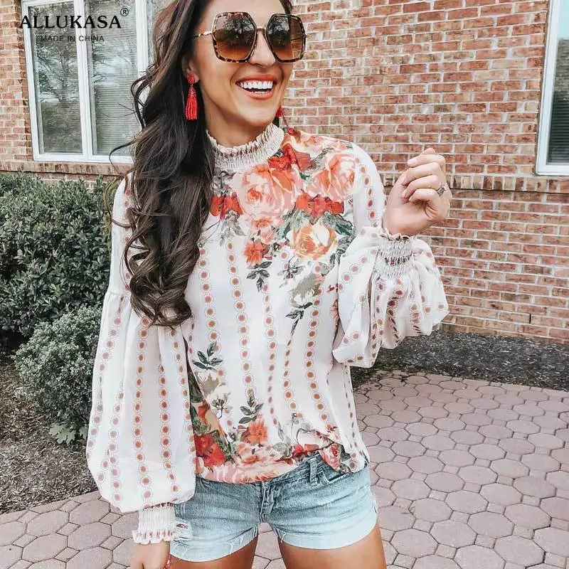 

Inspired Wild vintage floral print cream blouse women long sleeve O-neck chic blouse shirt 2021 new chiffon Boho blouses shirts