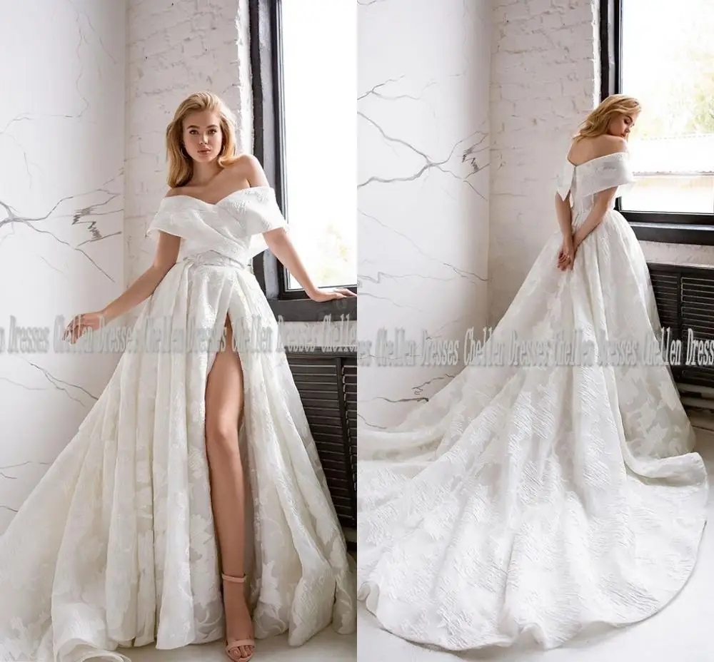 

2021 New Elegant Charming Off The Shoulder Pleat Custom Made Sexy High Side Split Backless Satin A Line Wedding Dress Vestido D