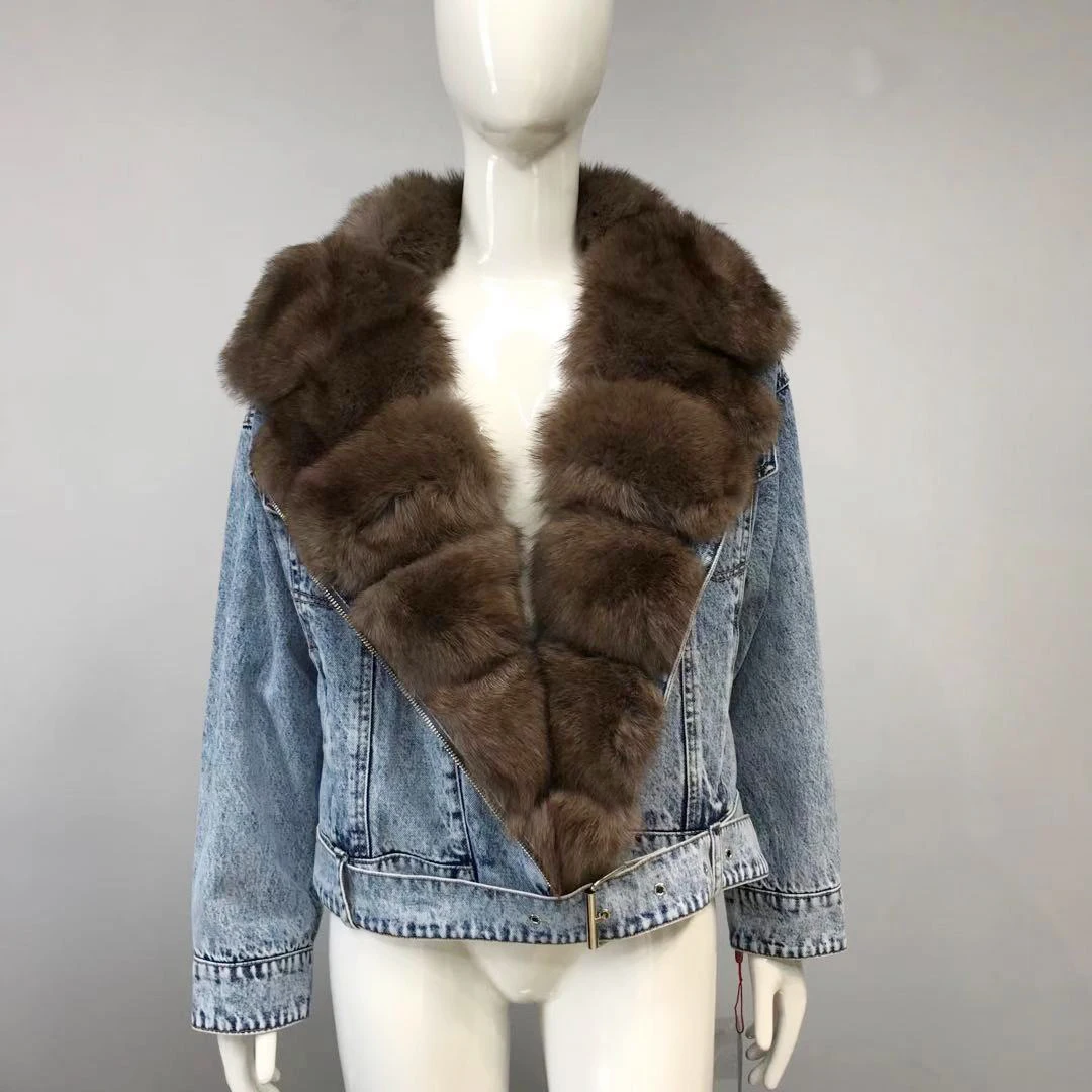 Fashion Real Fox Fur Coat Women Natural Winter High Quality Denim Jacket With Big Fox Fur Collar Luxury Fur Overcoats Woman 2022