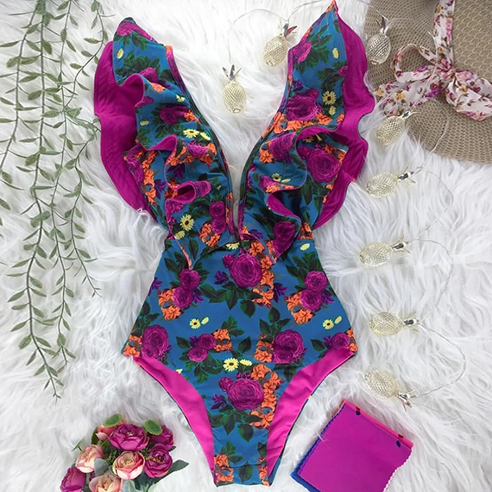 2021 New Print Swimwear Deep V-neck Ruffle Swimsuit Push Up One Piece Swimsuit Beach Wear Backless Monokini