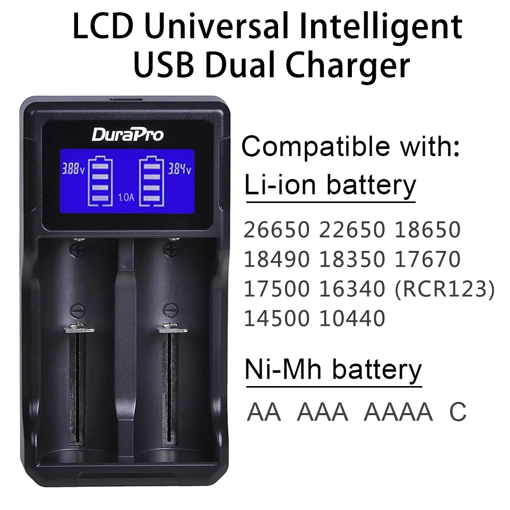 Зарядное устройство Durapro с двумя USB-портами и ЖК-дисплеем для 26650 22650 18650 18490 18350 17670
