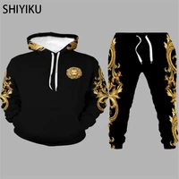 shiyiku printing fashion brand mens casual sweater hoodie pants two piece sportswear trendy jogging fitness sweatshirt suit
