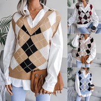 women argyle sweater vest 2021 new autumn winter chic v neck knitted vest female casual loose sleeveless sweater pullovers