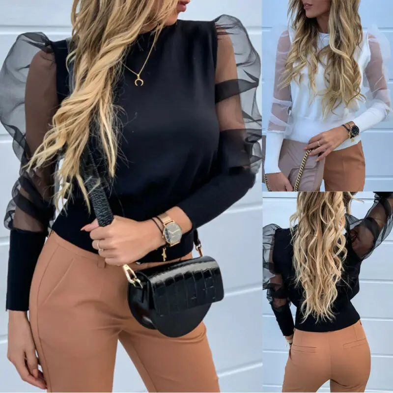 Блузка женская с V-образным вырезом модная рубашка из тюля длинными