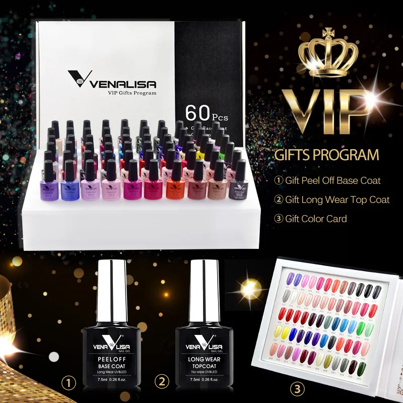 VIP kits 62 шт./лот, Гель-лак VENALISA, Гель-лак для ногтей, замачивается, УФ светодиодный гель для ногтей, палитра цветов, Гель-лак, отклеивается, основа, не протирается, верхнее покрытие - Цвет: VIP kits