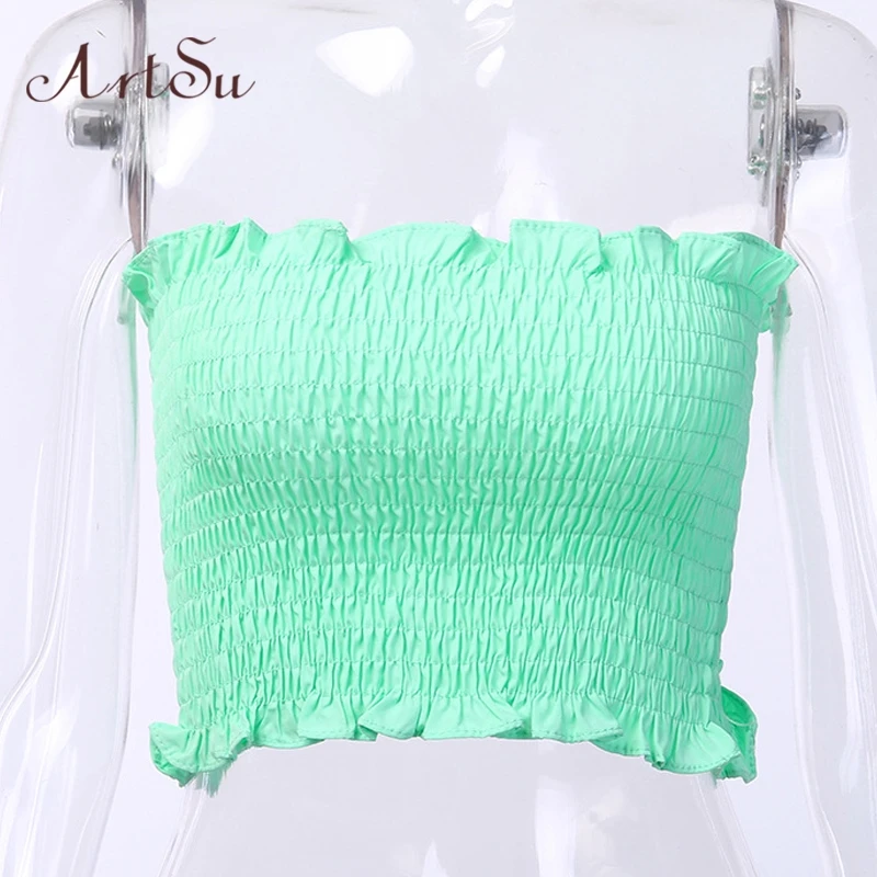 Женский укороченный топ с открытыми плечами ArtSu неоновый желтый зеленый