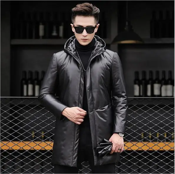 

Free shipping.2019 new soft sheepskin jacket.winter warm men 80% white duck down coat.long genuine leather outwear.sales