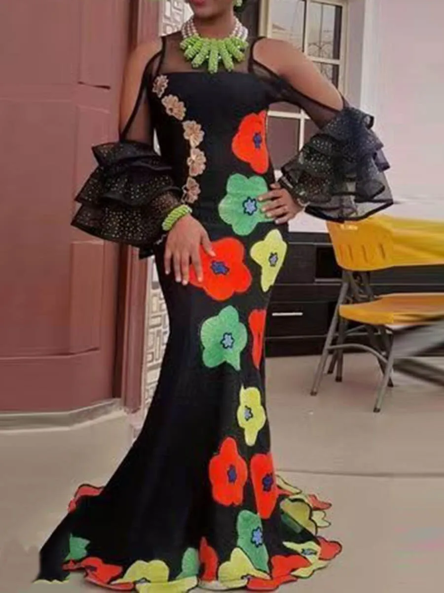 

Cold Shoulder Women Sexy Long Mermaid Evening Party Dress Mesh Patchwork Ruffles Sleeve Vintage Floral Print 2XL Long Dresses