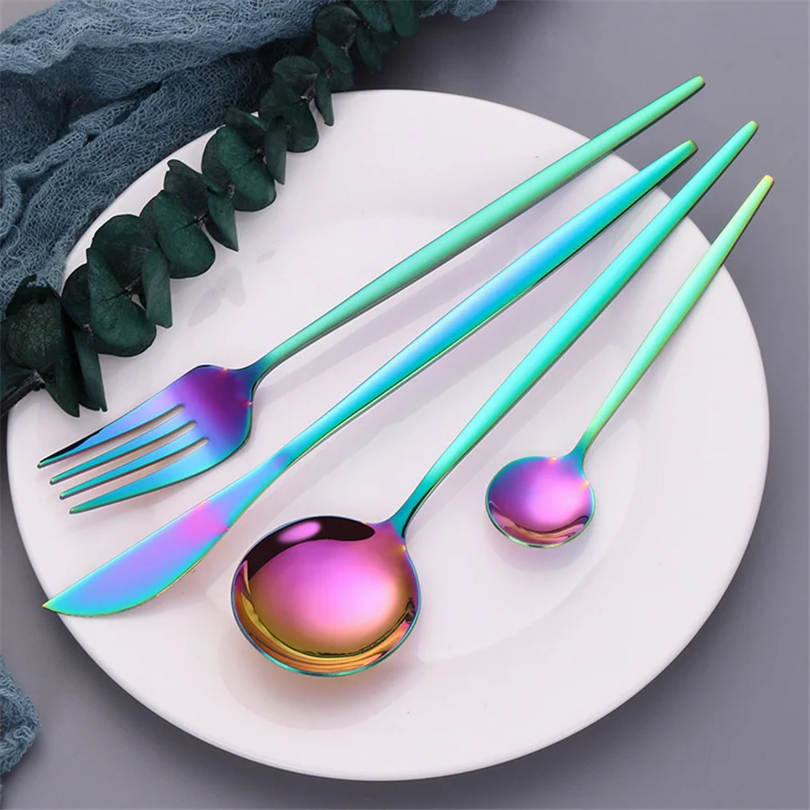 Rainbow Cutlery Set Tableware Forks Knives Spoon Luxury Kitchen Utensils 5Pcs Creative Combination Dinnerware Flatware | Дом и сад