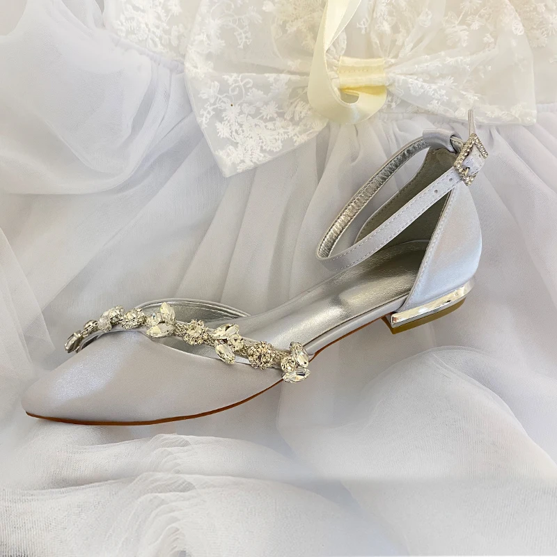 Womens Satin Bridal Wedding Flats Ankle Strap Pointed Toe Elegant Ballet for...