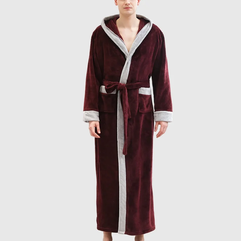 Wine Red Большие размеры 3XL зимние мужские халаты утепленные фланелевые теплые халаты мужские длинные пижамы до лодыжки - Цвет: Wine Red