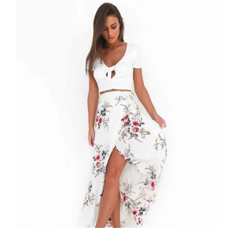

Women White Irregular Long Skirt 2021 Summer Boho Vintage Floral Print Side Slit Wrap Maxi Skirt Girl Waist Skirts female