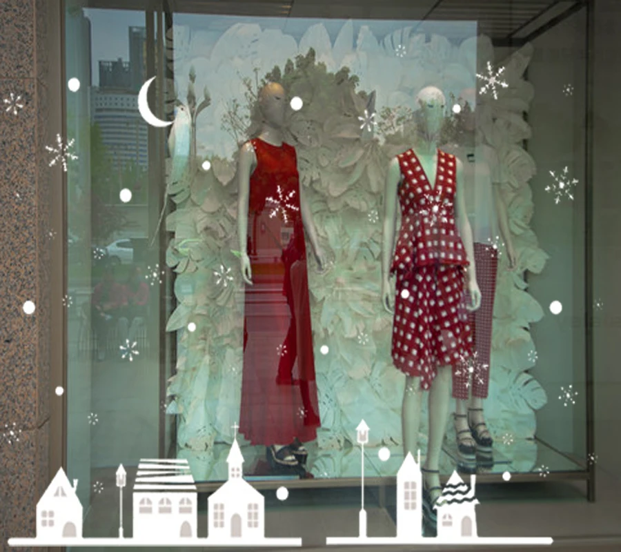 Снег Ночь Деревня Электростатическая Наклейка Окно Стекло Рождественские