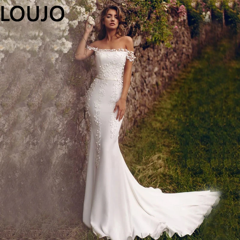 LUOJO Boho Wedding Dresses Puff Long Sleeves Sheer Lace Scoop Neck A-Line Appliques Floor Length Bride Dress Princess Wedding vintage wedding dresses