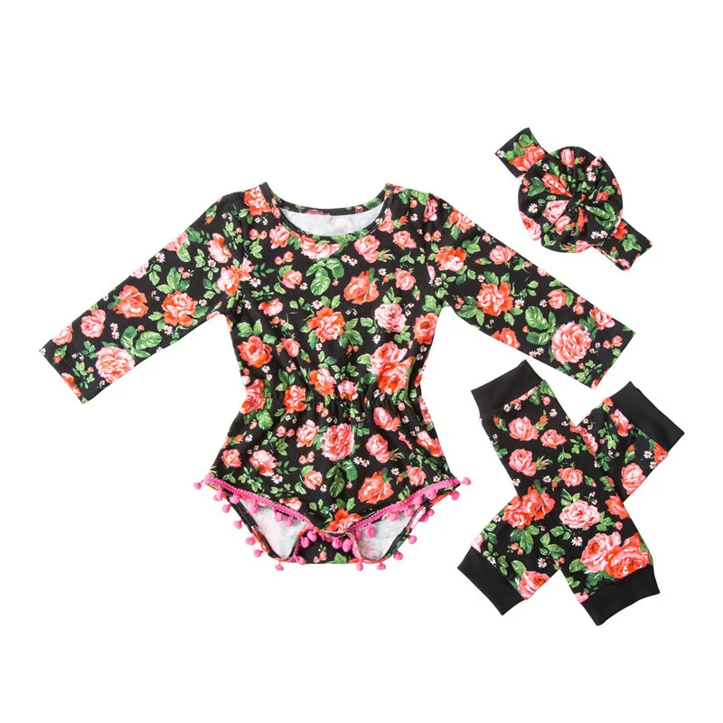 

New Baby Girl Suit Children's Long-Sleeved Suit Fashion Pompom Floral Suit Three-Piece Baby Jumpsuit + Socks + Headband