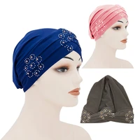 fashion muslim turban hat soft stretch women wrap head scarf hijab caps with drill solid forehead cross hijab bonnet for ladies