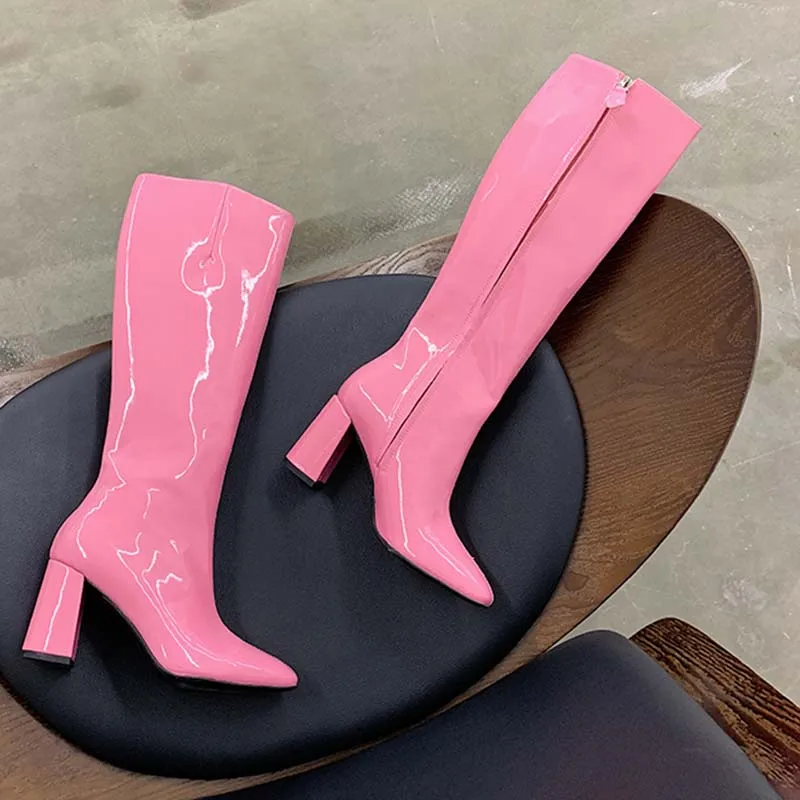 Pink Knee High Boots Women Pointed Toe High Heel Boots Woman Fashion Party Shoes