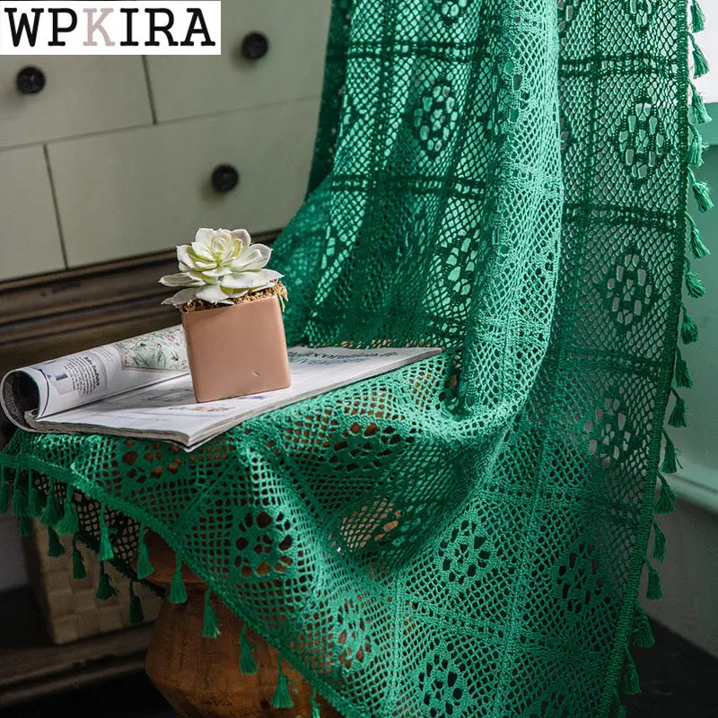 

Green Tassel Curtain Translucent Retro American Country Hollow Crochet French Window Kitchen Coffee Porch Drape S126#D