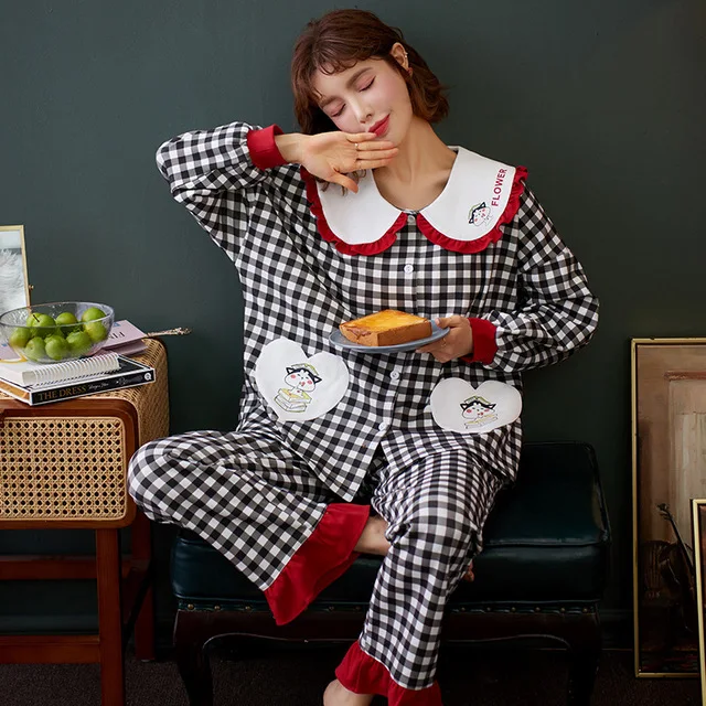 

Full Cotton Casual Home Clothes Women Autumn Winter Pajamas Set Blue Plaid Cardigan Long-sleeved Sleep Top Sexy V-Neck Nightwear