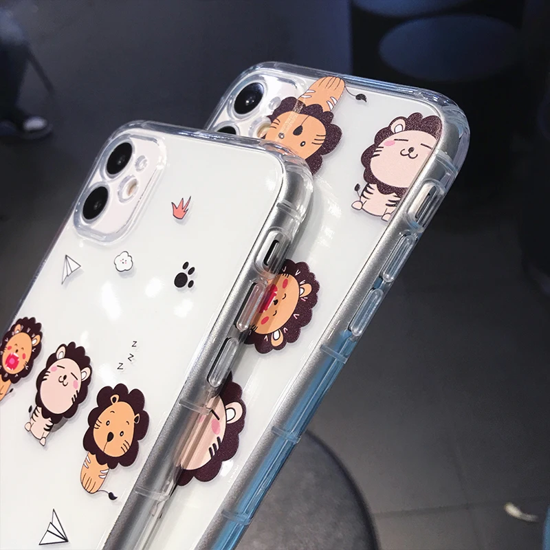 

Cute Cartoon Animal Lion Phone Case For iPhone 11 Pro MAX X XS XR 12 Mini 7 8 Plus SE2020 Couple Transparent Soft Silicone Cover