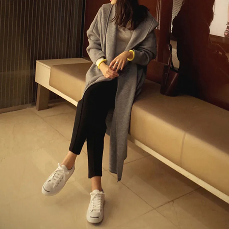 Женский трикотажный кардиган Длинный свободный свитер с капюшоном язычком в