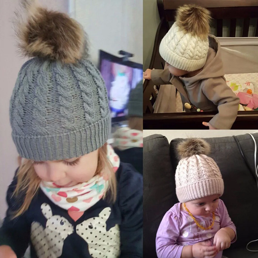 

1 Set Women Lady Kids Children Knitting Hat Cap Big Plush Ball Warm for Autumn Winter FEA889
